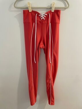 Year of Ours Red Lace-Up Leggings with White Trim